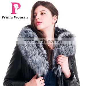 Winter Women Long Leather Slim Fit Coat With Brown Fox Hat Overcoat thumbnail-3