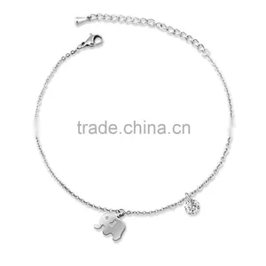 Womens Stainless Steel Cute Elephant Cable Chain Anklet With Rhinestone Bead thumbnail-2