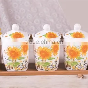 Sunflower Decal Ceramic Tea Coffee Sugar Canisters Set With Bamboo Stand thumbnail-1