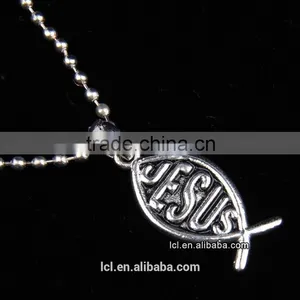 Fashion Imitation Jewelry Necklace, Antique Imitation Silver Religious Bead Necklace With Fish Pendant thumbnail-2