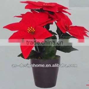 RED ARTIFICIAL VELVET POINSETTIA FLOWER BUSH X 4 W/4 PCS POINSETTIA FLOWER HEAD ON PLASTIC PLANTER thumbnail-1