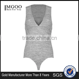 High Quality Women Grey Sleeveless Plunge Bodysuits V Neck Casual Bodysuits Fashionable Slub Cotton Tops thumbnail-1