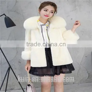 Women Rex Rabbit Fur Coat Hooded Casual Winter Coats and Jackets With Fox Fur Collar thumbnail-1