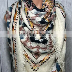 Blanket Scarf, Powder Blue, Cream, Black, Yellow, Boho Aztec Tribal Womens Oversized Large Winter Scarves thumbnail-1