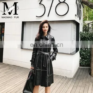 Women Fashion Long Black Rivet Real Leather Coat Leather Trench Coat thumbnail-1