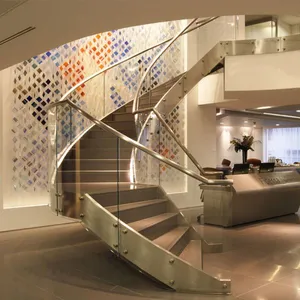 Best Selling Curved Glass Staircase With Solid Oak Wood Treads / Indoor Wood Staircase thumbnail-4