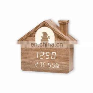 Hot Sale Modern Eco-friendly Creative Mute Home Decoration House Shape Wooden Led Alarm Clock With Light thumbnail-2