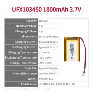 Lithium-Ion Cell Factory Supply UFX 103450 1800mAh 3.7V Small Rechargeable Lithium Polymer Battery For Led Light Battery thumbnail-2
