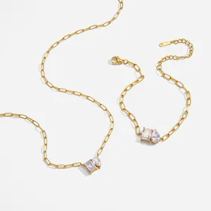 Custom Round Stainless Steel Rhinestone Charm Necklace - 18K Gold Plated Alloy thumbnail-1