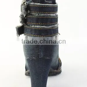 Lady Sexy Shoes,Women's Denim Canvas Zipper High Heel High Top Wedge Shoe Boot thumbnail-3