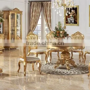 Vintage Round Dinner Table With Upholstery Chair, Hand Carved Wooden Dinning Table Set, Golden Furniture Dinning Room Set thumbnail-2