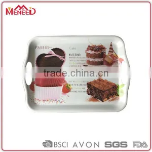 New Design European Style Full Print Rectangular Handled Plastic Melamine Pastry Cardboard Cake Melamine Bread Carrying Tray thumbnail-1