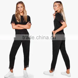 Ladies Custom African Print Jumpsuits 100% Polyester Pinstripe Belted Lace Trim Jumpsuits For Women thumbnail-1