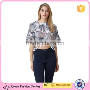 New Print Leaf Print Fashion Crop Tops With Tassels Hem for Women thumbnail-1