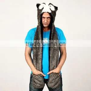 NOVELTY BEANIE FAUX FUR WINTER ANIMAL CUSTOM LONG CAPS WITH GLOVES thumbnail-1