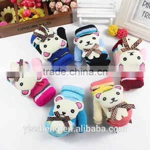 Winter Baby Children Acrylic Gloves Boys and Girls Knitted Warm Cute Hanging Neck Cartoon Bear Baby Gloves thumbnail-1