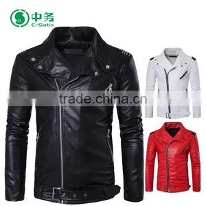 Fashion Style Multi Zippers Windproof Mens White / Red / Black Punk Leather Jacket for Sale thumbnail-1