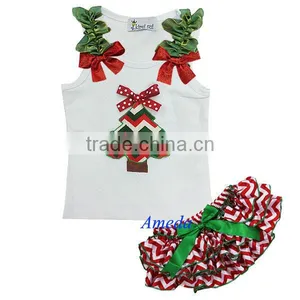 Xmas Baby Red White Chevron Green Ribbon Bloomers Tree Tank Top 2pc Outfit 3-12M thumbnail-1