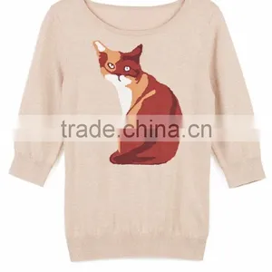 100% Cotton Knitted With Pattern Pullover Ladies Sweater thumbnail-1