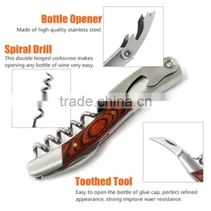 2016 New Arrival Hot Sale Wood Handle Stainless Corkscrew Double Hinge Waiters Wine Bottle Opener thumbnail-6