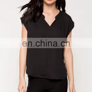 Wholesale Blank Split Neck Short Sleeve Black t Shirts for Women thumbnail-3