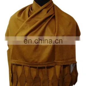 Silk Pashmina With Leather Sued Trim Shawls thumbnail-2