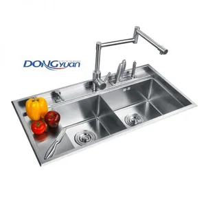 Guangdong Dongyuan Kitchenware 860×450×230mm Brushed Stainless Steel Double Bowl Handmade Kitchen Sink (DY-HA454-R10) thumbnail-1