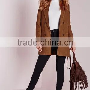 2015 Women Winter Long Faux Suede Double Breasted Blazer thumbnail-4