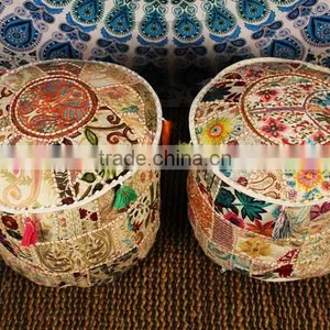Indian Pouf Ari Patchwork Cottom Ottoman Cover Bean Bag Chair Ethnic Seating Cushion Room Decor Idea Bohemian Poof Pouffe thumbnail-3