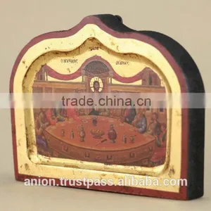 Greek & Russian Orthodox Wooden Icon. Last Supper. Unusual Shape thumbnail-2