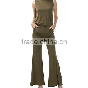 Jumpsuit Fashion New Design Super Soft Summer Full Length Trouser Wide Leg Olive Open Back Romper Jumpsuit Women 2017 Sleeveless thumbnail-2