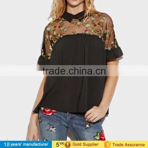 2017 Summer Tops Black Flower Embroidered Sheer Neck Ruffle Cuff Tie Back Top Woman Short Sleeve Vintage Blouse thumbnail-1