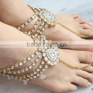 PAYAL Anklets Pair CRYSTAL GOLD , WITH TOE RING , BAREFOOT SANDAL thumbnail-2