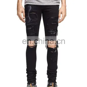 DiZNEW Guangzhou Factory Distressed Damage Embroidered Snakes Jeans Men thumbnail-3