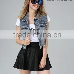 Garment Factory High Quality New Fashion Women Collared Denim Camo Vest thumbnail-3