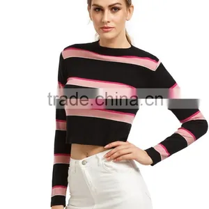 Chinese Clothing Manufacturers 2016 Fall and Winter Cropped Stripe Short Knitted Sweater Designs for Women thumbnail-3
