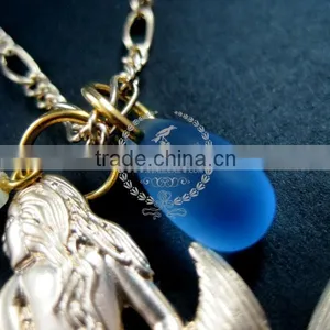 25x37mm Matte Gold Brass Mermaid Shell Sea Horse With Drop Blue Sea Glass Pendant Charm Fashion Women Necklace 6310009 thumbnail-5