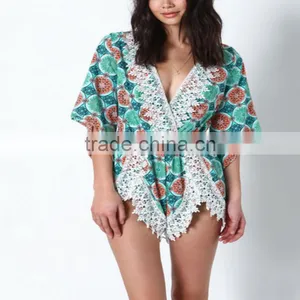 Summer Deep V-neck Back With One Button Fruity Green Crochet Plunge Crepe Romper Short Print Sexy Jumpsuit thumbnail-1