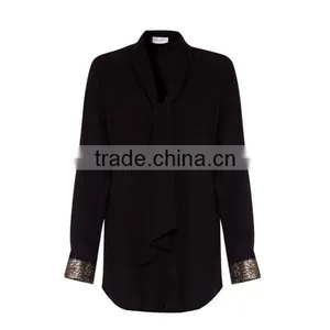 Tops Ladies Rayon Long Sleeve Black Sequin Cuff Shirt Blouse thumbnail-2