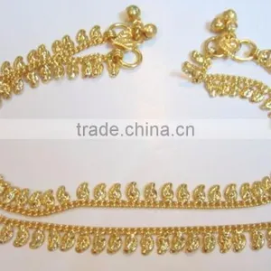 Gold TONE CHAIN PAISLEY DESIGN ANKLETS PAYAL Pair Foot Chain thumbnail-2