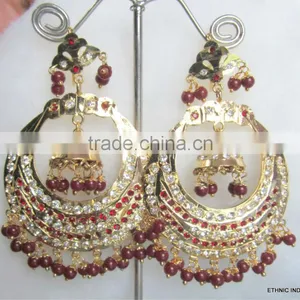 Maroon Beads Gold Plated Jadau Pearl Temple Dangler EARRINGS thumbnail-1