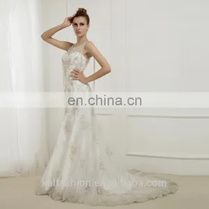 KW0316 A-line Scoop Neckline Heavy Beaded Silver Lace Tulle Cover Back Long Train Brilliant Wedding Dress thumbnail-1