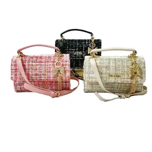 Elegant Women Top Handle Multicolor Tweed Mini Small Cross Body Women Bag With Flap thumbnail-2