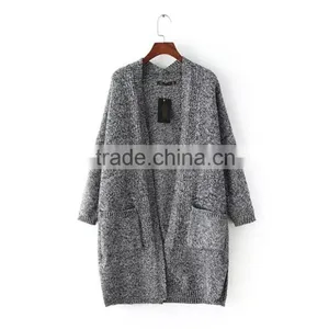 Deep V-neck Long Sweater Coat Lady Knitting Long Sweater Cardigan With Pockets thumbnail-1