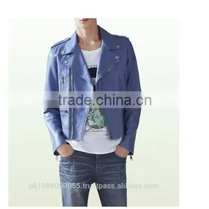 Leather Biker Jacket Light Blue Color thumbnail-1