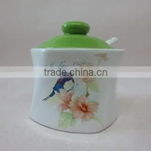 Fine Decal White With Green Lid Ceramic Sugar Jar With Spoon thumbnail-1