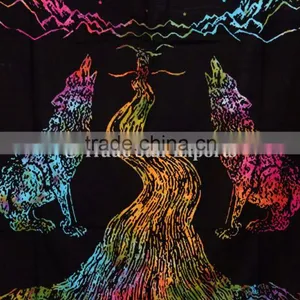 Twin Size Tie Dye Wolf Howling at Moon Wall Art Cotton Boho Wall Hanging Tapestry thumbnail-3