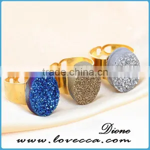 Wholesale Druzy Quartz Ring Blue Natural Druzy Agate Stone Round 10mm Gold thumbnail-1