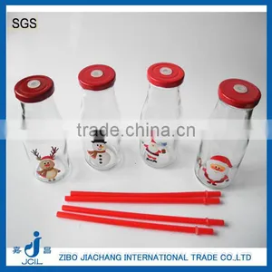 Christmas Use Glass Cow Milk Drinking Bottles With Red Lid and Straw thumbnail-1