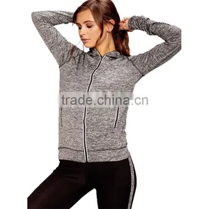 Brazilian Gym Wear Clothing Wholesale Zip Front Grey Hooded Jacket Side Pockets Sports Running Women Gym Wear 2017 thumbnail-1
